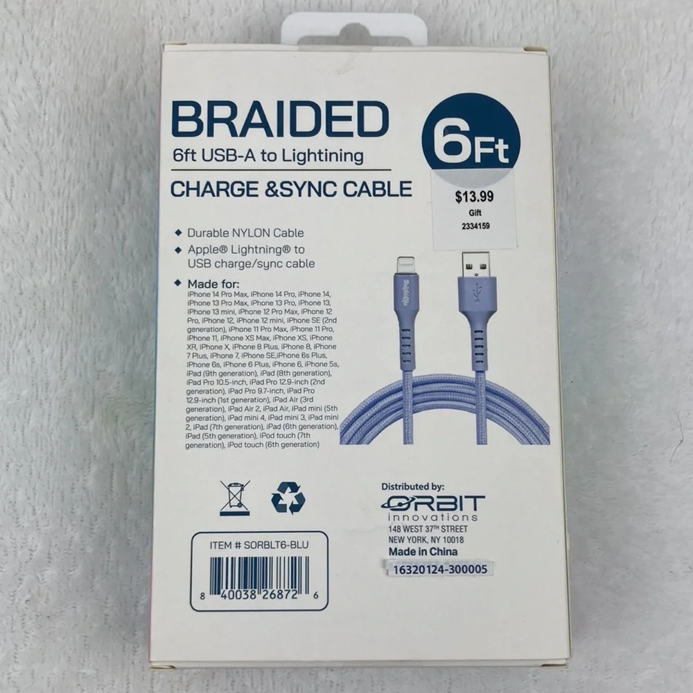 Bright Life USB-A Blue Lightning Cable for iPhone, iPad, iPod 6 ft. New